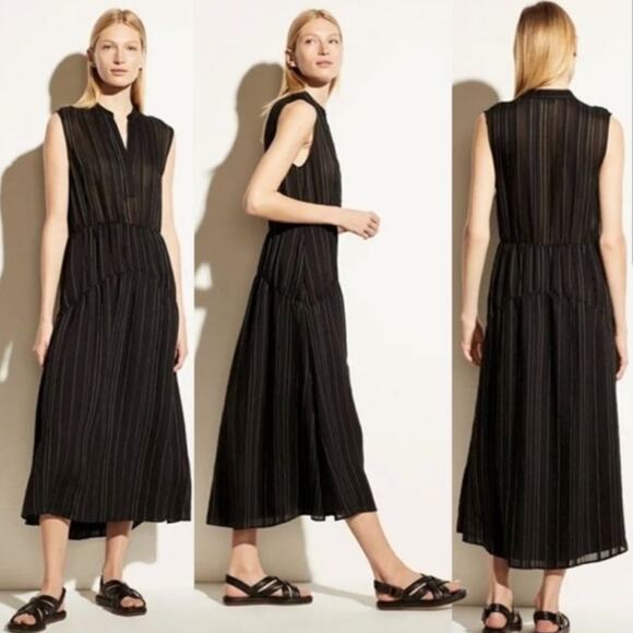 VINCE Draped Pinstripe A-Line Midi Black Dress Striped Coastal Preppy Minimalist - Picture 15 of 15